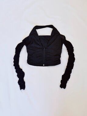 Black Halter Zip Front Ruched Crop Top Mesh Sleeves Cold Shoulder M